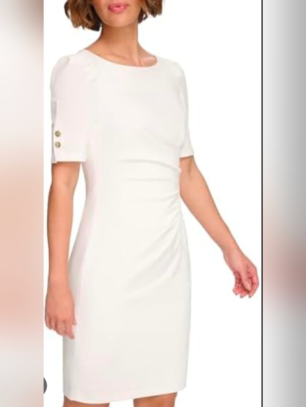 DKNY White Short-Sleeve Ruched Sheath Midi Dress Gold Buttons Zipper 4P